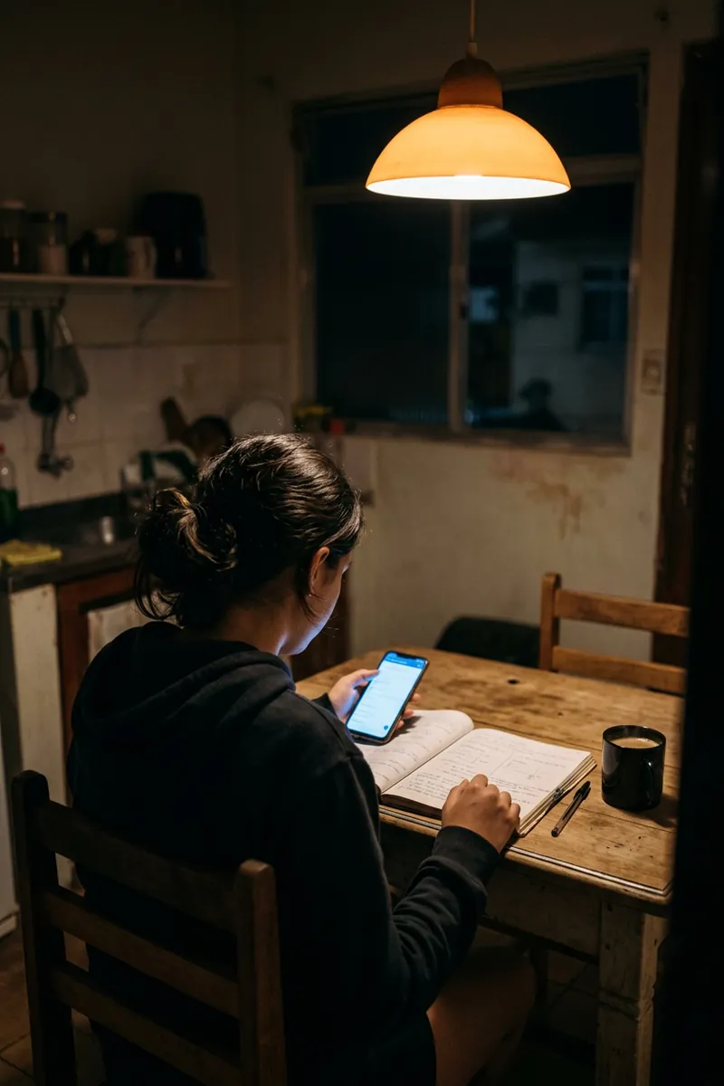 O celular na mesa da cozinha
